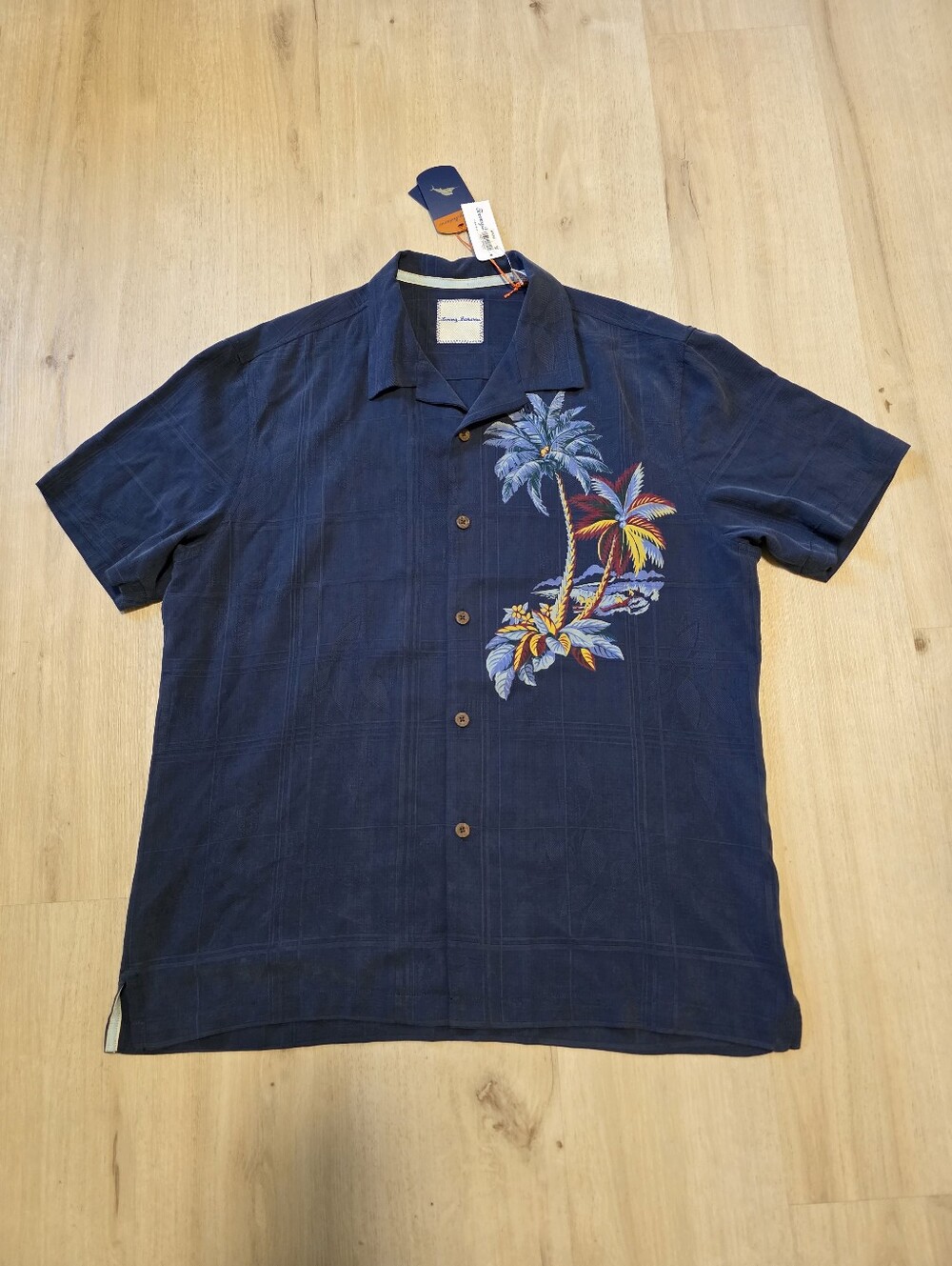 Tommy Bahama Moonlight Palms Hawaiian Shirt 100% Silk Size L Ocean Deep